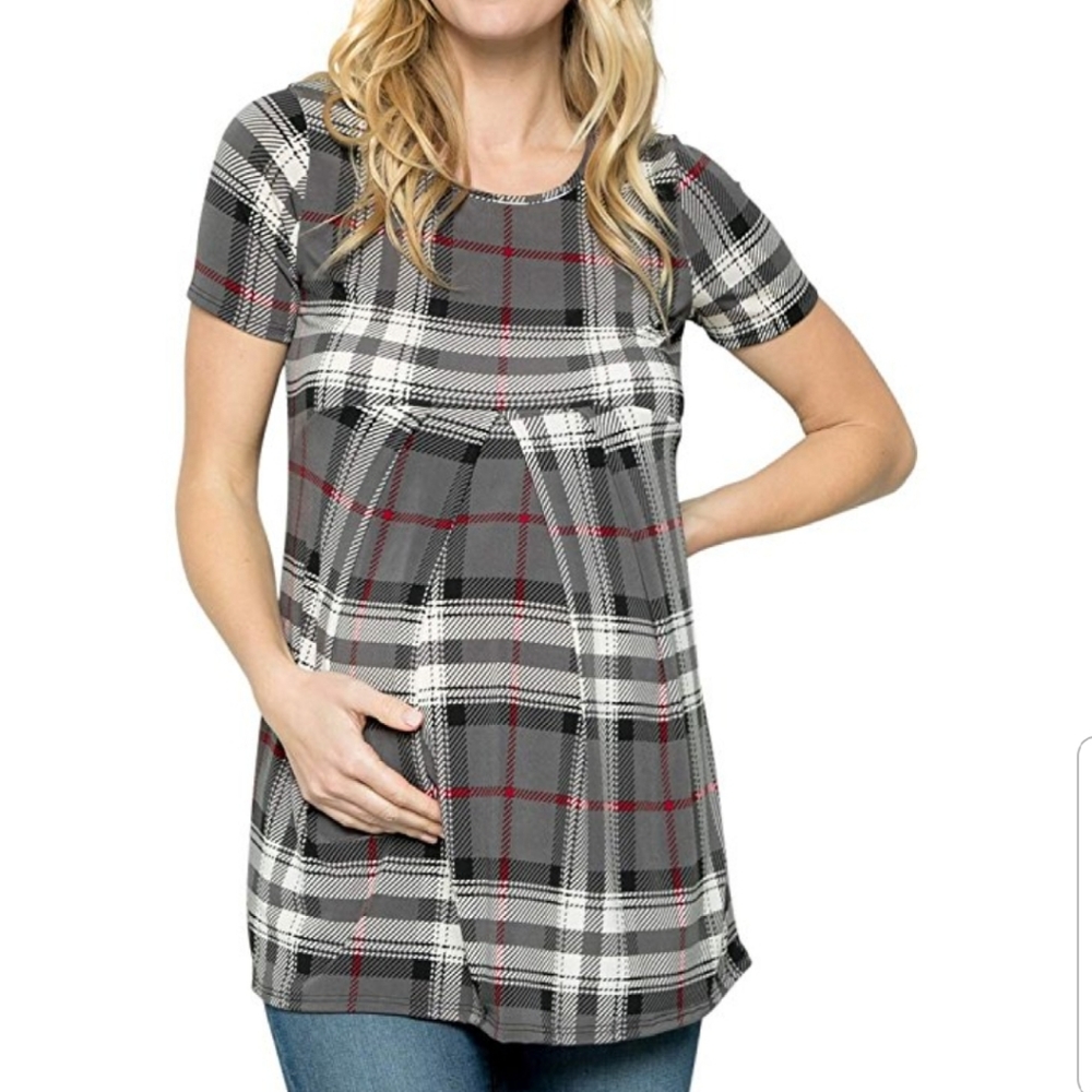 My Bump maternity short sleeve  pleated front top gray plaid